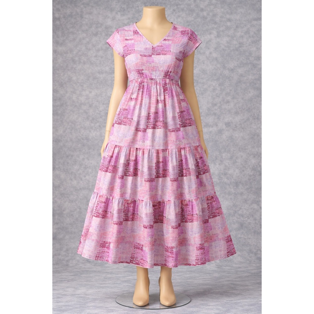 Stan Herman Pink Purple Abstract Print Tiered Maxi Lounge Dress XS Short Sleeve